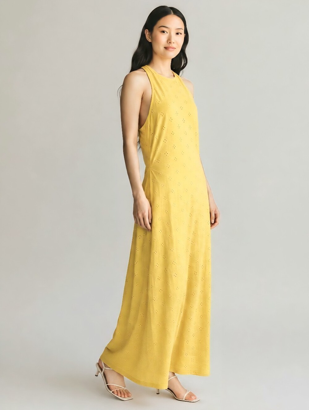 ASOS Yellow 100%Cotton Eyelet Halter High Neck Open Tie-Back Maxi Dress Size 10